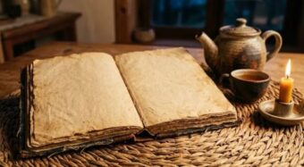 Cuốn sổ bìa giấy cũ mở trên chiếu cói cạnh ấm trà và ngọn nến
