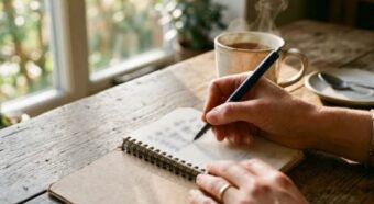 Bàn tay cầm bút ghi chép vào cuốn sổ nhỏ cạnh ly trà trong buổi sáng yên tĩnh