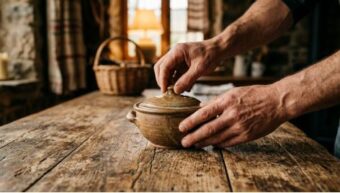 Bàn tay người chơi chuẩn bị mở nắp bát trong một buổi chơi ở quê